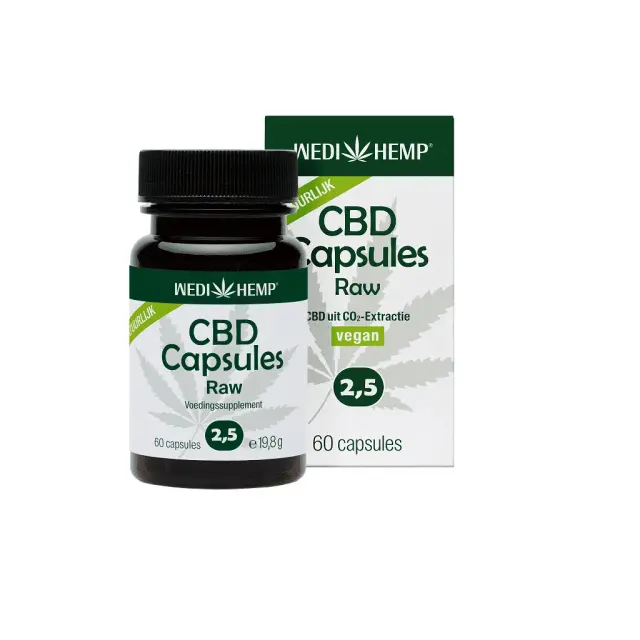 Een fles en doos Wedihemp - 2,5% CBD capsules, veganistisch, met 60 capsules met 6,75 mg CBD per capsule.