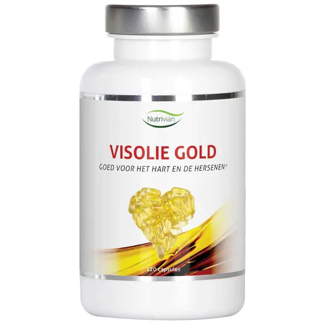 een fles visolie goud.
