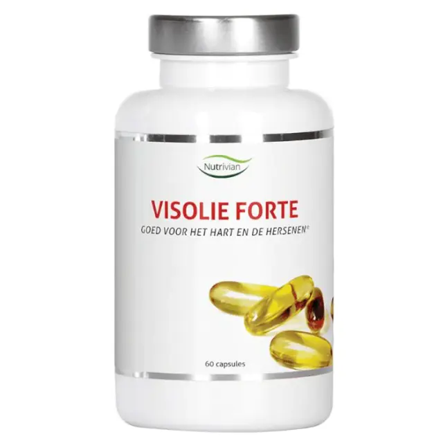 Fles Visolie Gold van Nutrivian, met 120 capsules, met een Nederlands etiket dat aangeeft dat het goed is voor de gezondheid van hart en hersenen.