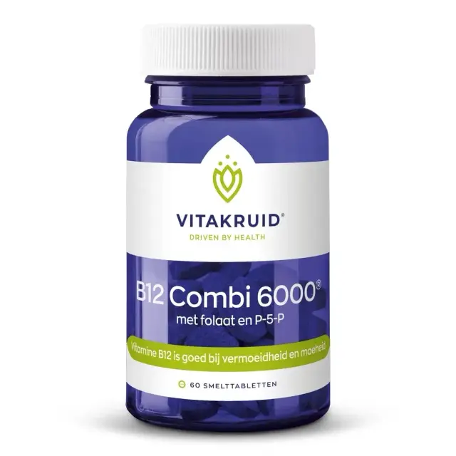 Een blauw-witte fles met het label "Vitakruid - B12 Combi 6000® met folaat en P-5-P" bevat 60 smelttabletten.
