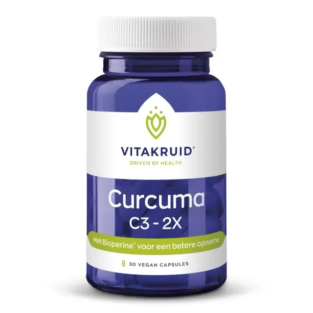 Blauwe fles met het label "Vitakruid Curcuma C3-2X" met 60 veganistische capsules, met een groen embleem en tekst die de verbeterde absorptie met Bioperine benadrukt.
