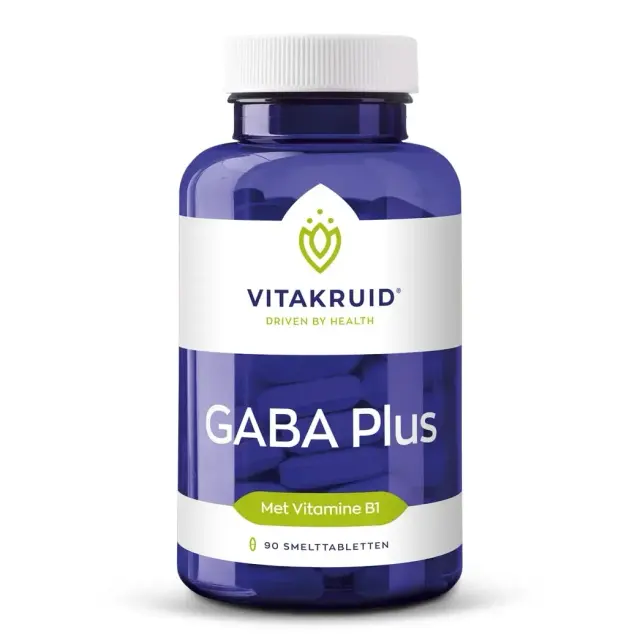 Blauwe fles met het label "Vitakruid - GABA Plus" met 90 smelttabletten, met vitamine B1.