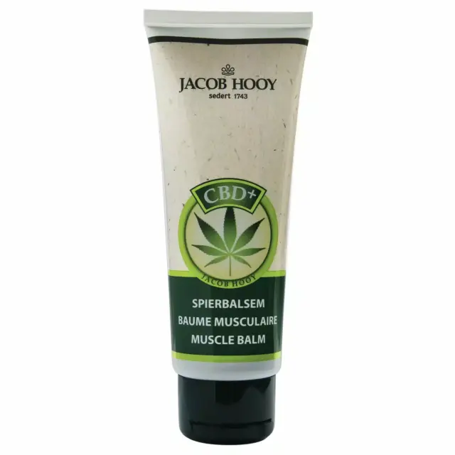 75ml tube Jacob Hooy - CBD spierbalsem met een hennepbladdesign op het etiket.