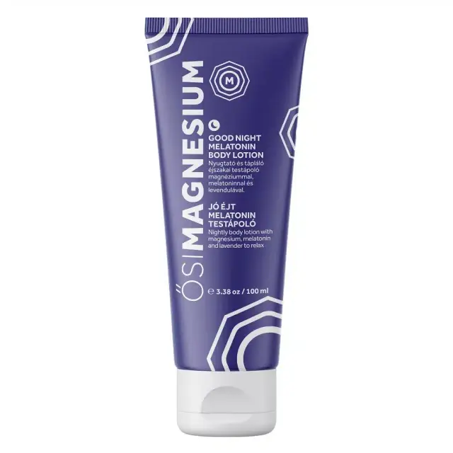 Paarse tube OsiMagnesium – Good Night Melatonine Bodylotion (100 ml) met ontspannende eigenschappen, met melatonine en lavendel.