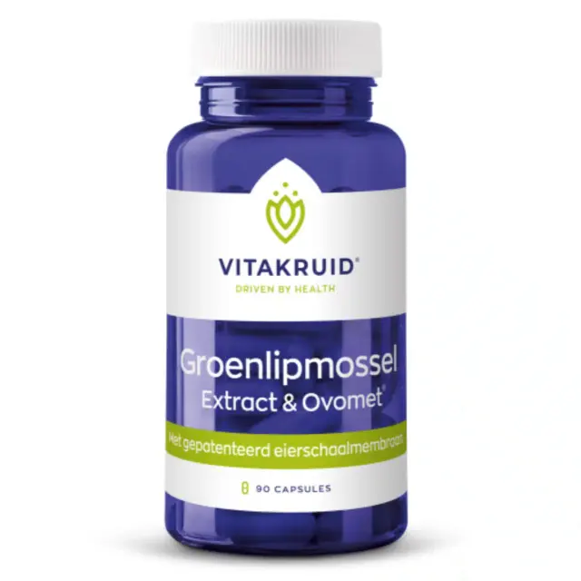Een blauwe fles Vitakruid - Groenlipmosselextract & Ovomet® supplement met 90 capsules.