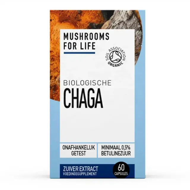 Een doosje MushroomsForLife - Biologische paddenstoel Chaga Capsules (60 stuks), biologisch en onafhankelijk getest, met minimaal 0,5% betulinezuur.