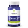 Een blauwe fles met het label Vitakruid Ashwagandha met KSM-66 en Bioperine. Bevat 60 veganistische capsules, gestandaardiseerd op 5% withanolides. miniatuur