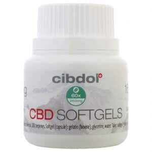 een fles cbd-softgels op een witte achtergrond.