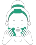 Illustratie van een persoon met een hoofdband en een knotje, die beide handen gebruikt om het gezicht te reinigen, afgebeeld door groene gebieden op de wangen met Hemptouch - Gezicht Zonnebrandcrème SPF30 - minerale bescherming (50ml).