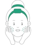 Geïllustreerde persoon met een knotje en hoofdband, die de wangen met de vingertoppen aanraakt. Op hun wangen zijn groene stippen verspreid door het gebruik van Hemptouch - Gezicht Zonnebrandcrème SPF30 - minerale bescherming (50ml).