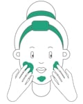 Een illustratie van een persoon die Hemptouch - Gezicht Zonnebrandcrème SPF30 - minerale bescherming (50 ml) op zijn wangen en kin aanbrengt. De persoon heeft een hoofdband en het haar is vastgebonden.